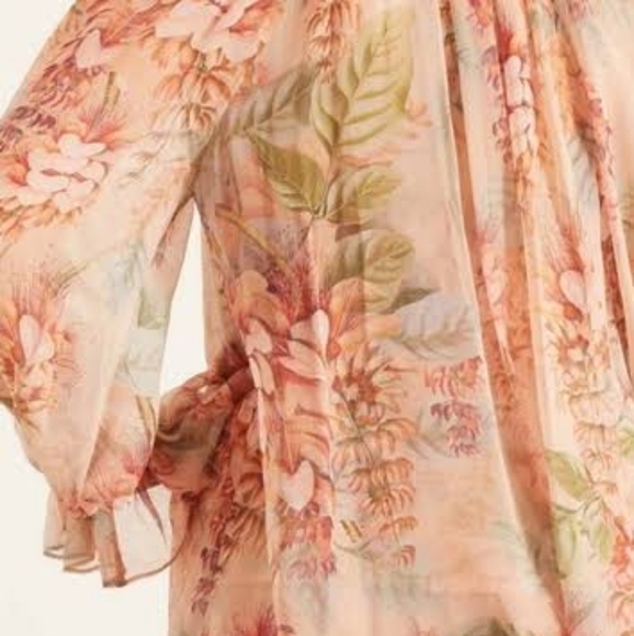 L'ATISTE Floral Semi-Sheer Self Tie Long Sleeve Coral Botanica Summer Top - Picture 3 of 12
